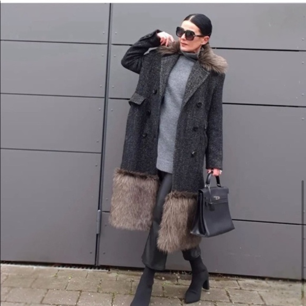 ZARA GRAY WOOL WOOLLEN COAT WITH FUR COLLAR SIZE XS-S LIMITED EDITION